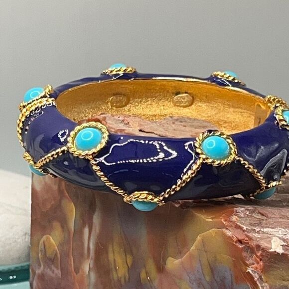 Kenneth Jay Lane Gold Lapis Turquoise Hinged Bangle - Picture 1 of 13